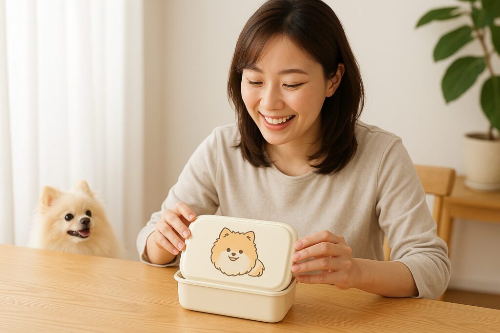ポメラニアン柄の弁当箱のふたを開けようとしている笑顔の日本人女性とポメラニアンの写真