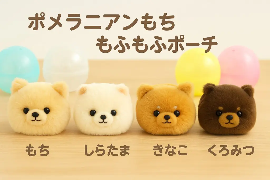 ポメラニアンもち ガチャガチャ｜もふもふポーチ全4種のラインナップ