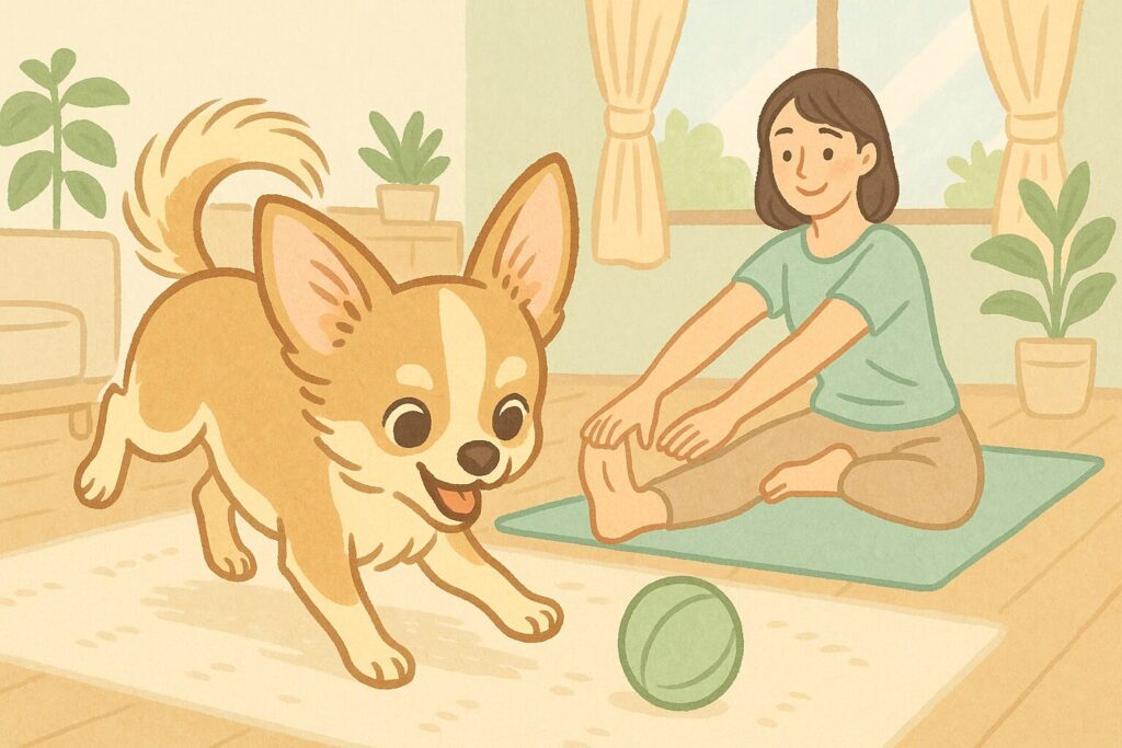 室内でボール遊びをして気分転換するチワワのイラスト