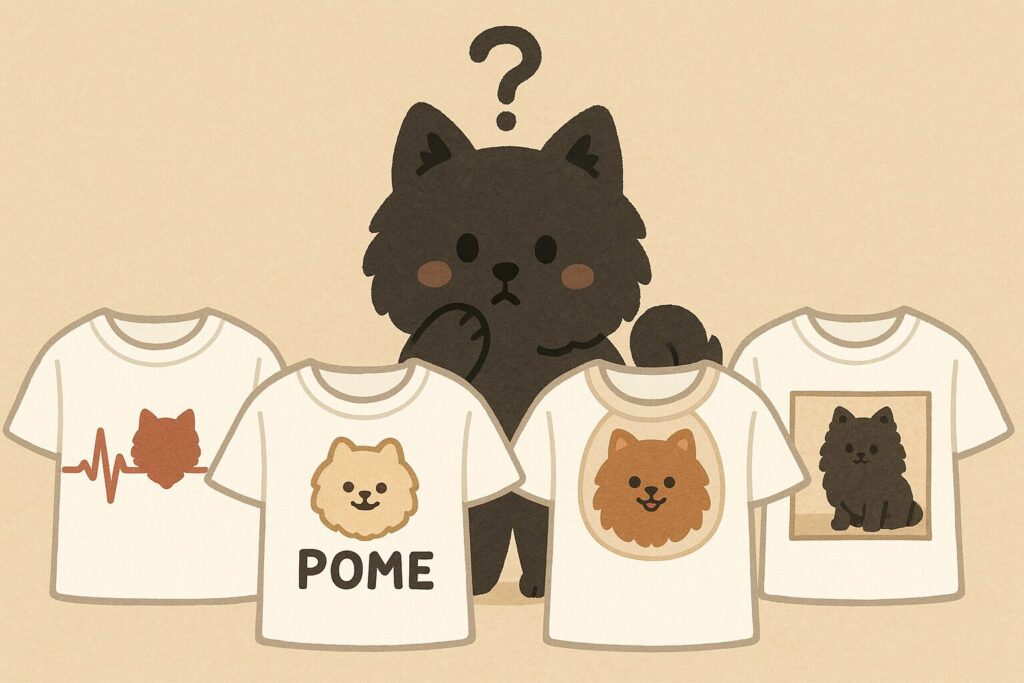 心電図系・ロゴ系・前掛け風・写真プリント系の4つのTシャツを黒ポメが見比べているイラスト。