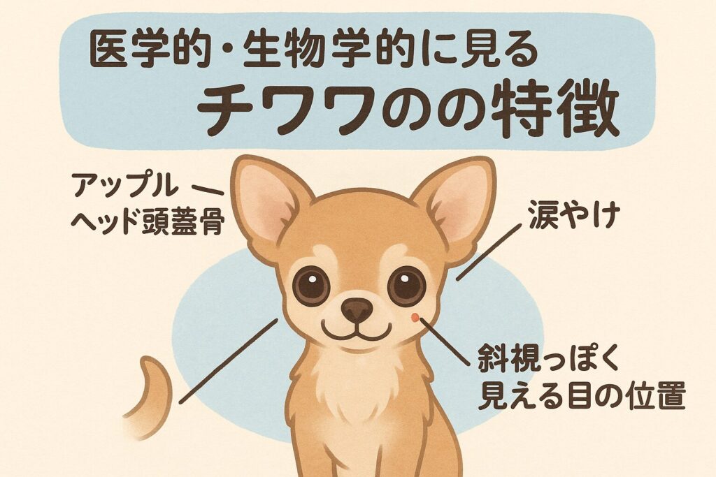 アップルヘッド頭蓋や涙やけの位置をわかりやすく示すチワワの解説イラスト。