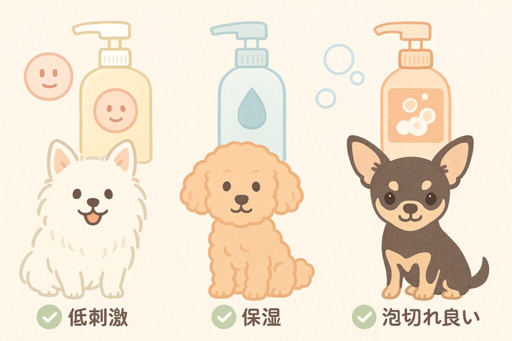 白ポメラニアン、アプリコットプードル、チワワが、それぞれ特徴的な低刺激シャンプーと並ぶイラスト。