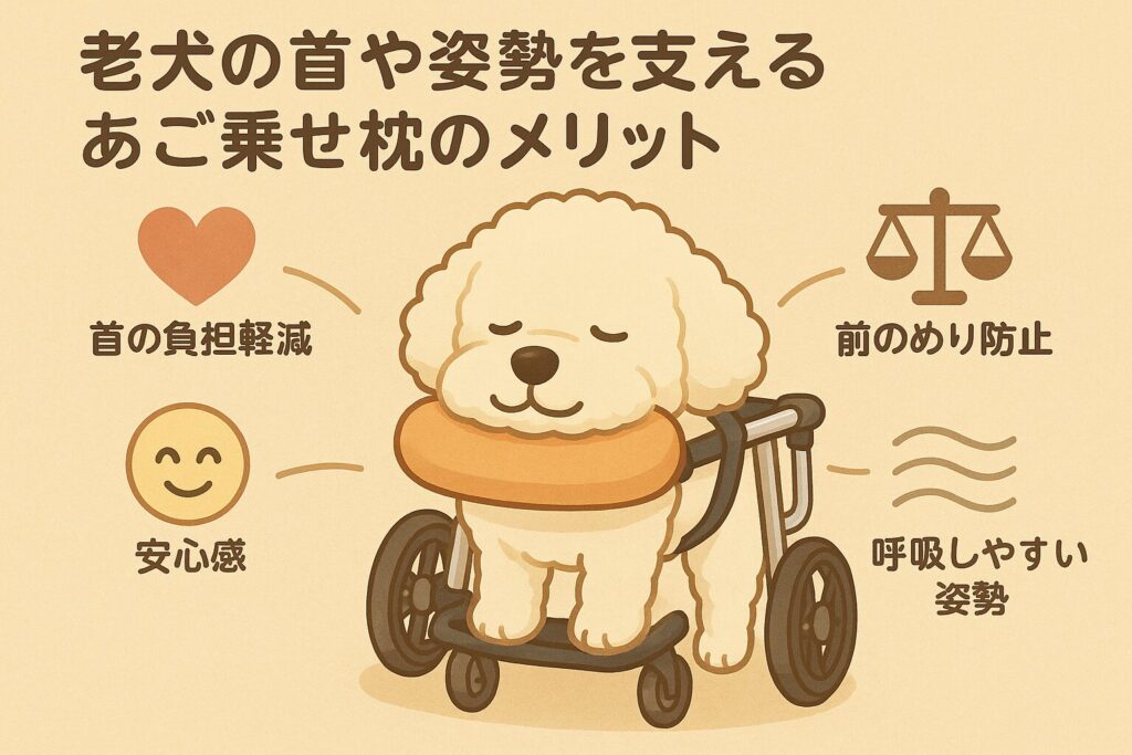 四輪車椅子に乗りあご乗せ枕で首を支える小型犬のイラスト