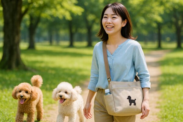 トイプードル2頭とお散歩バッグを持って歩く笑顔の日本人女性の写真