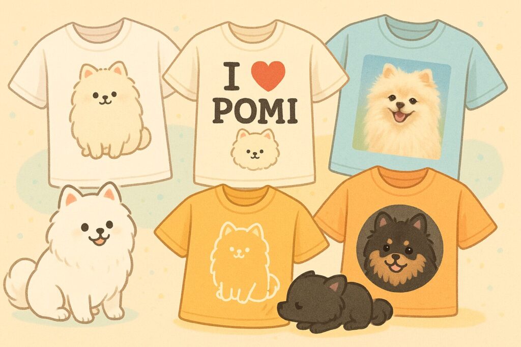 ポメラニアン柄のTシャツが5種類並び、白ポメと黒ポメが楽しそうに見ているアイキャッチイラスト。