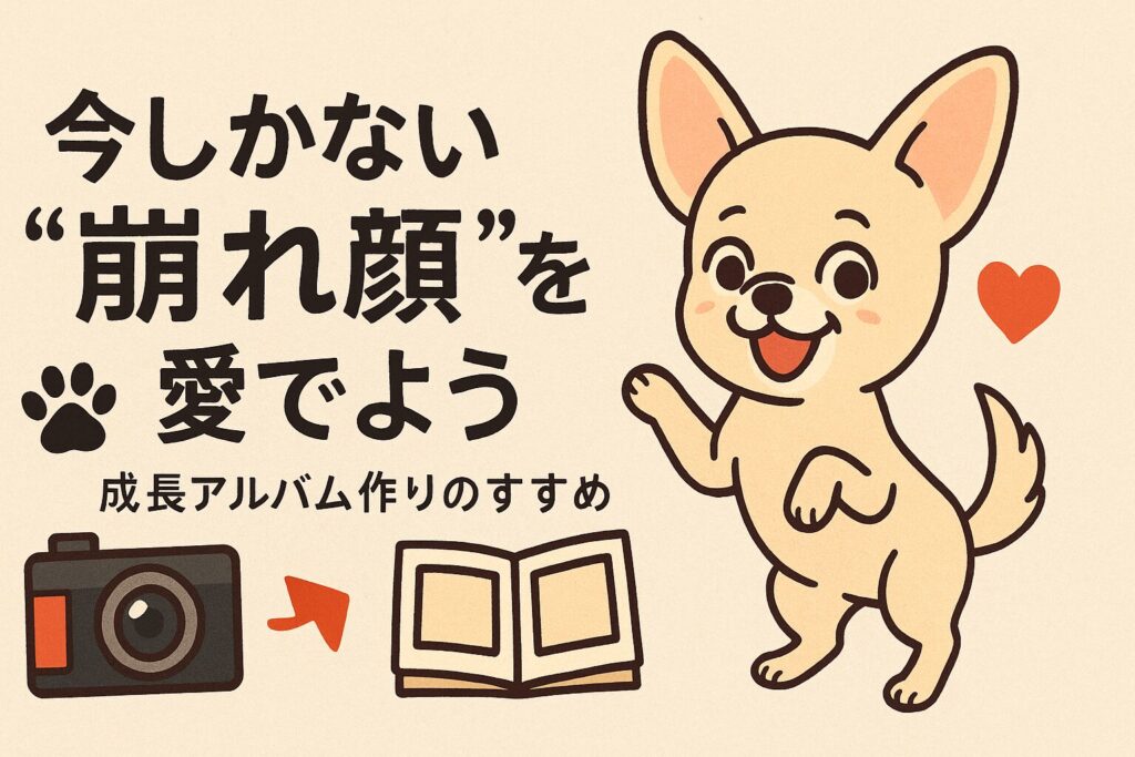 チワワの“今だけ表情”を撮る小さなカメラとミニアルバム、ハートと足跡のモチーフ。チワワがカメラに向かって得意げなポーズのキュートイラスト