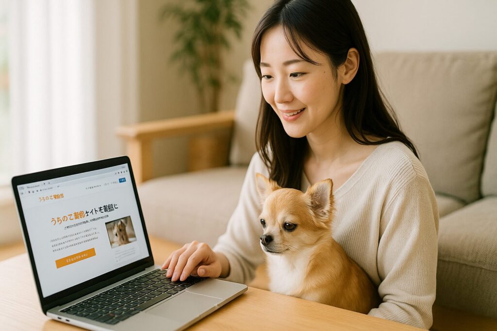 チワワを抱いた日本人女性がノートPCで「うちのこ写真集」を閲覧する自然なシーン