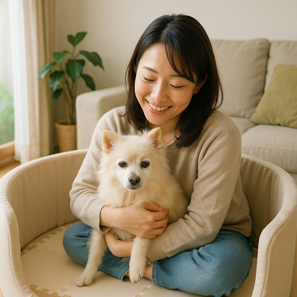 清潔感のある日本人女性が白ポメラニアンの老犬を抱きしめ、丸いサークルで穏やかにくつろいでいる実写風のイメージ