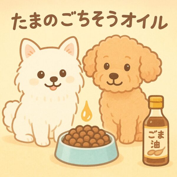 白ポメラニアンとアプリコットプードルが、ごま油を少量かけたドッグフードを前に並んで座るほのぼのイラスト