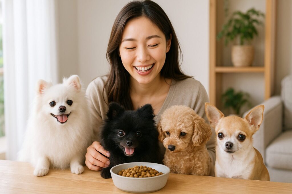 日本人女性が白ポメラニアン・黒ポメラニアン・プードル・チワワたちに囲まれて、おいしいフードを見守る幸せな食事風景の写真