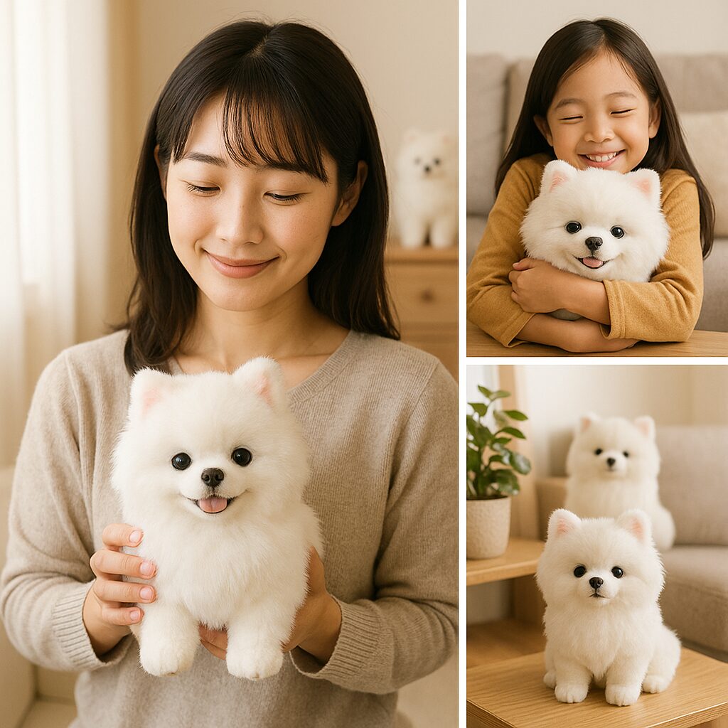 日本人女性や子どもが白ポメぬいぐるみを抱き、部屋に飾られた白ポメが写る用途別イメージ写真。
