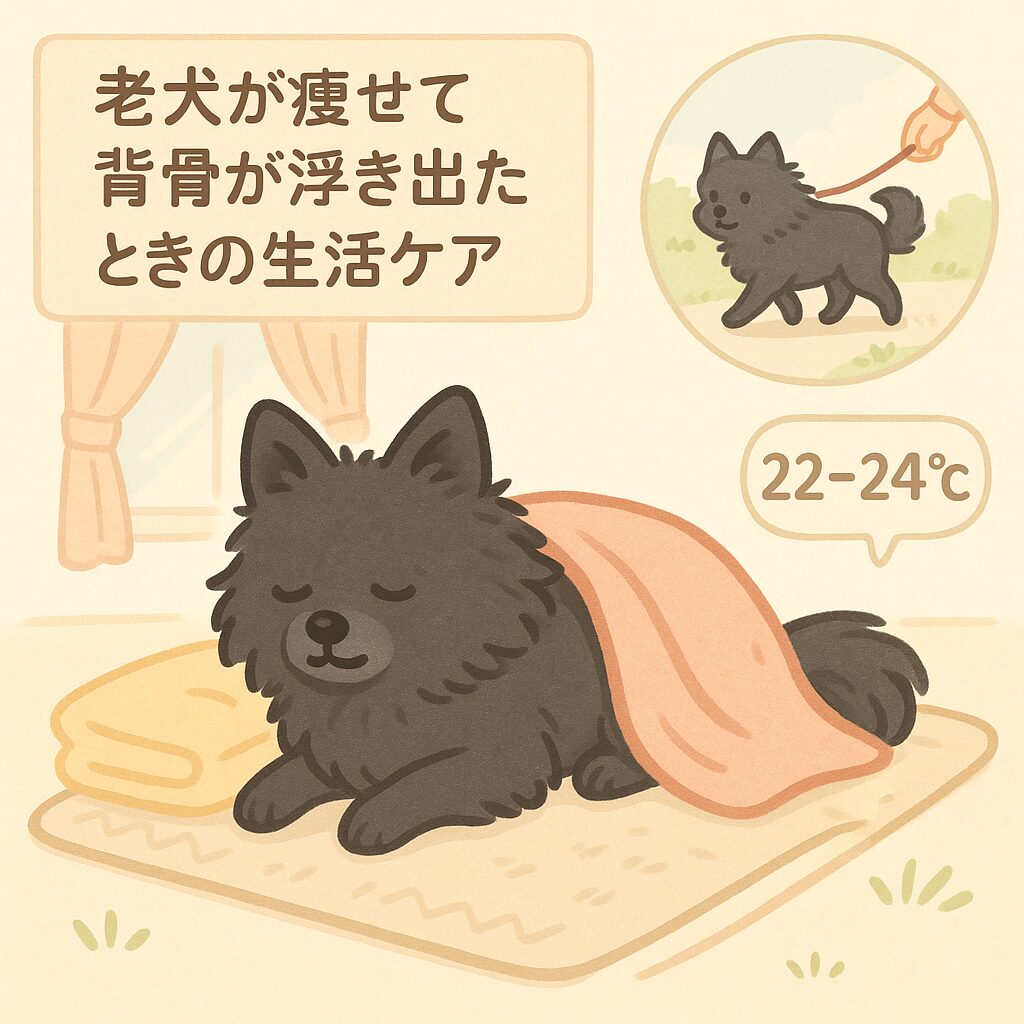 滑り止めマットとブランケットのある暖かい部屋でくつろぐ黒ポメラニアンの老犬と、軽い散歩をする様子を描いた生活ケアイラスト