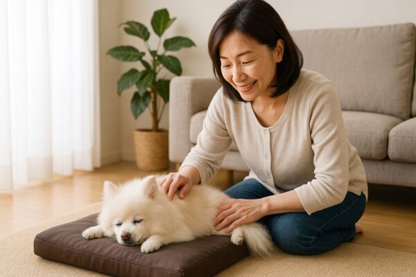 床ずれ防止マットの上でくつろぐ白い老犬と優しく見守る日本人女性