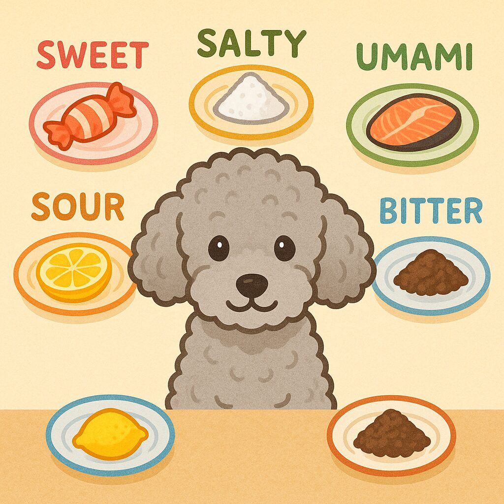 甘味・塩味・旨味・酸味・苦味の5つの味を小皿で比べるシルバートイプードルのイラスト