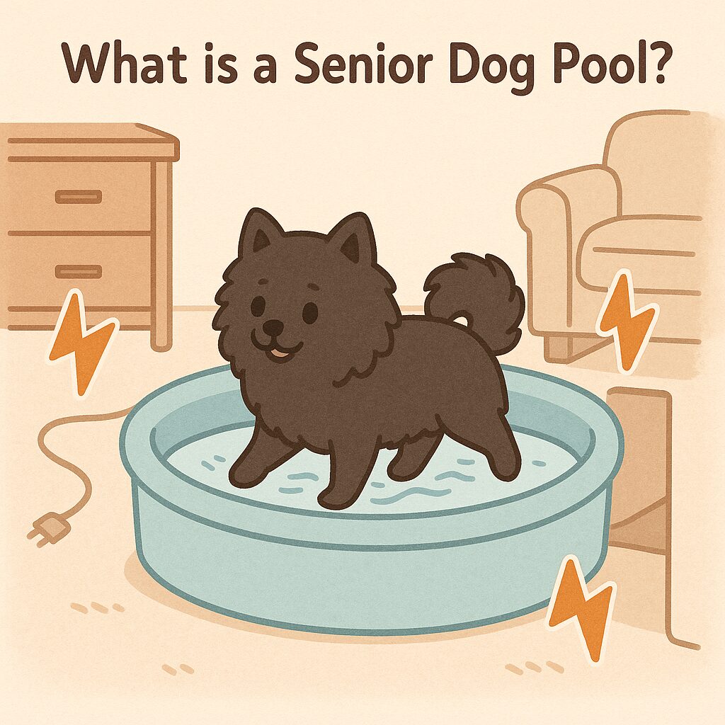 ビニールプールの中で安心して歩くシニア犬と、周囲の危険から守られた様子を描いたイラスト