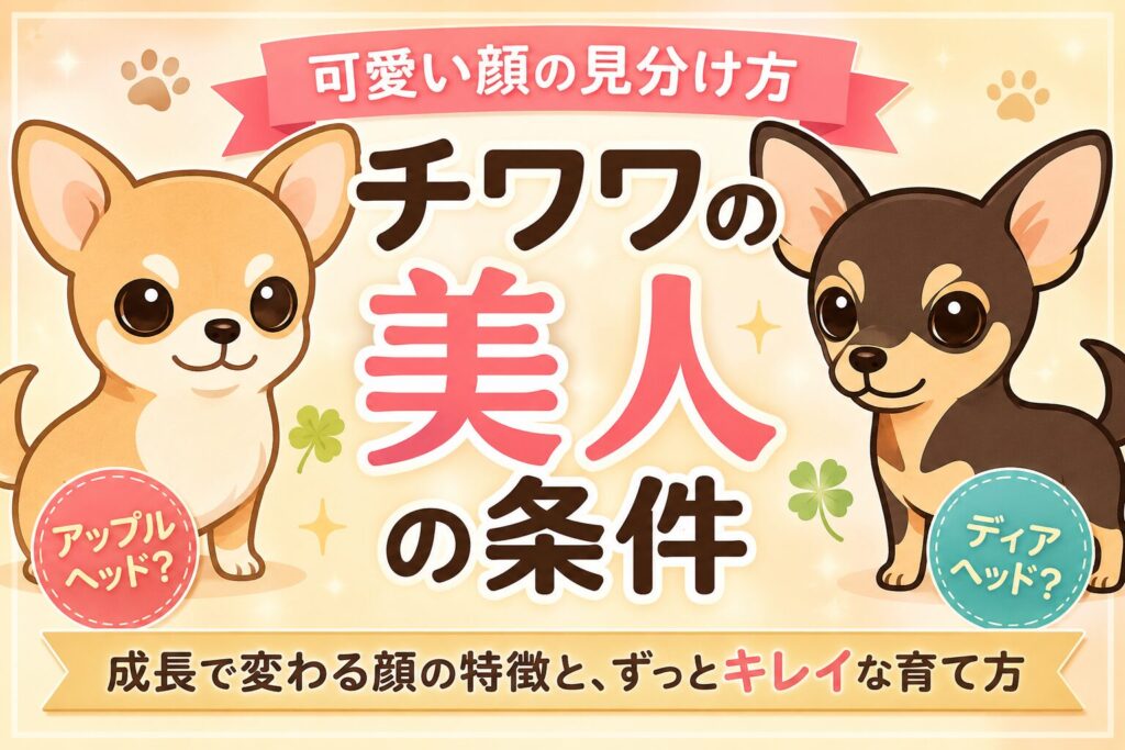 アップルヘッドとディアヘッドの違いを比較した、チワワの美人顔の特徴を解説するイラスト