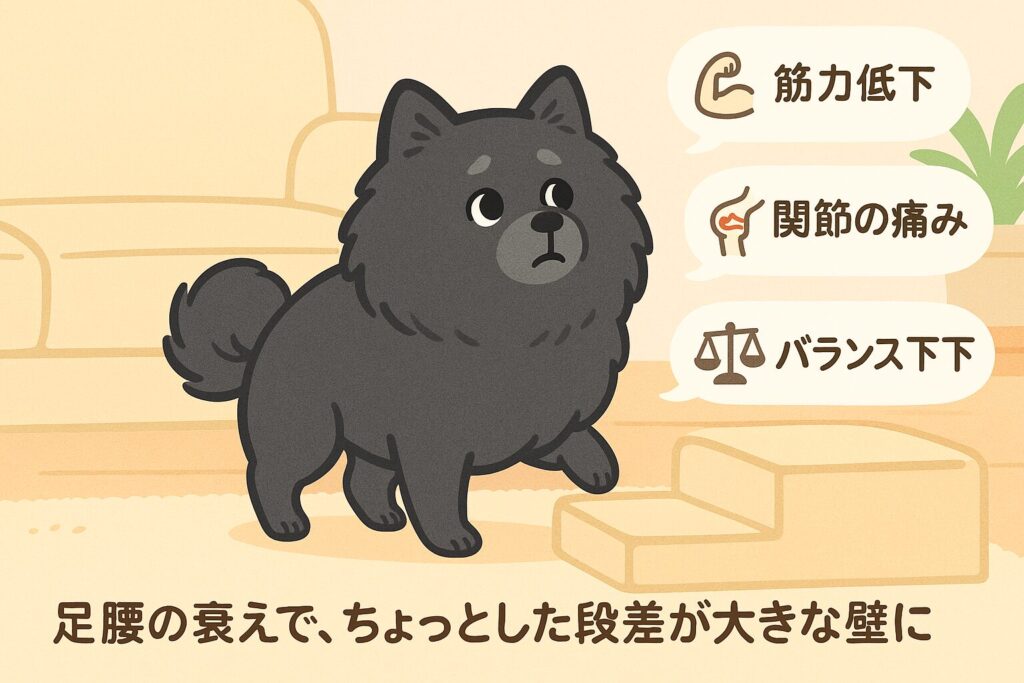 　「ソファの前で段差を前に少し不安そうな表情をしている黒ポメラニアンのシニア犬のイラスト。
　ソファのステップを見上げて片足を上げかけており、横には“筋力低下”“関節の痛み”“バランス低下”と書かれた吹き出しアイコンがある。
　背景はパステル調の室内で、かわいくポップなタッチのイラスト風。」