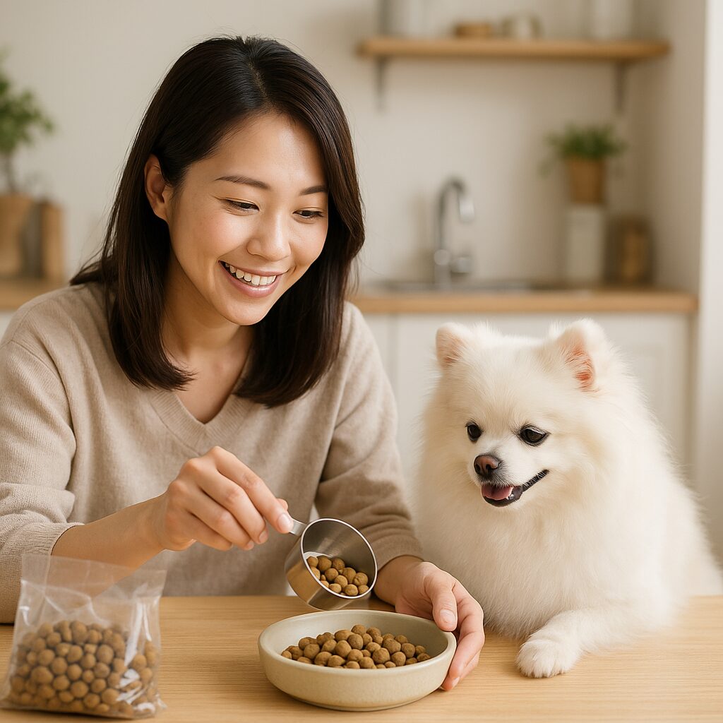 日本人女性が白ポメラニアンと一緒に香りや粒の大きさをチェックしながらドッグフードを選んでいる様子の写真