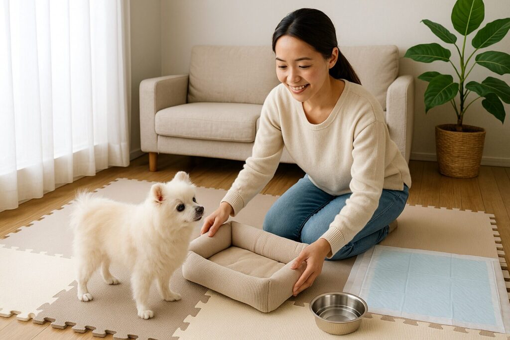 日本人女性が白ポメラニアンのシニア犬用に安全ゾーンを準備している写真