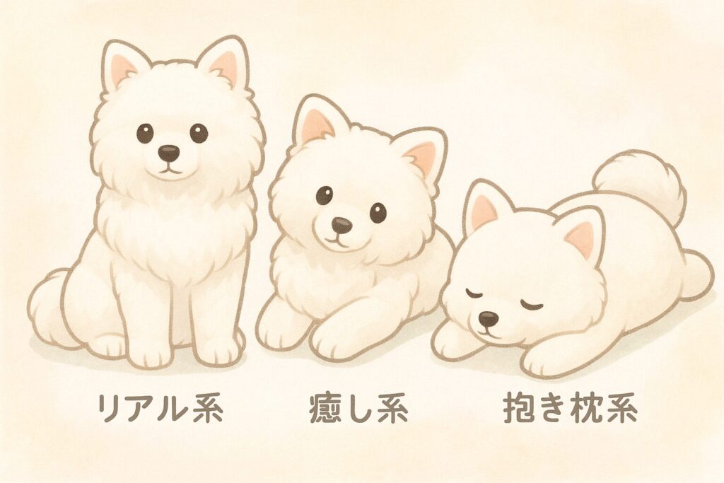 リアル系・癒し系・抱き枕系の3種類の白ポメぬいぐるみが並んだ比較イラスト。