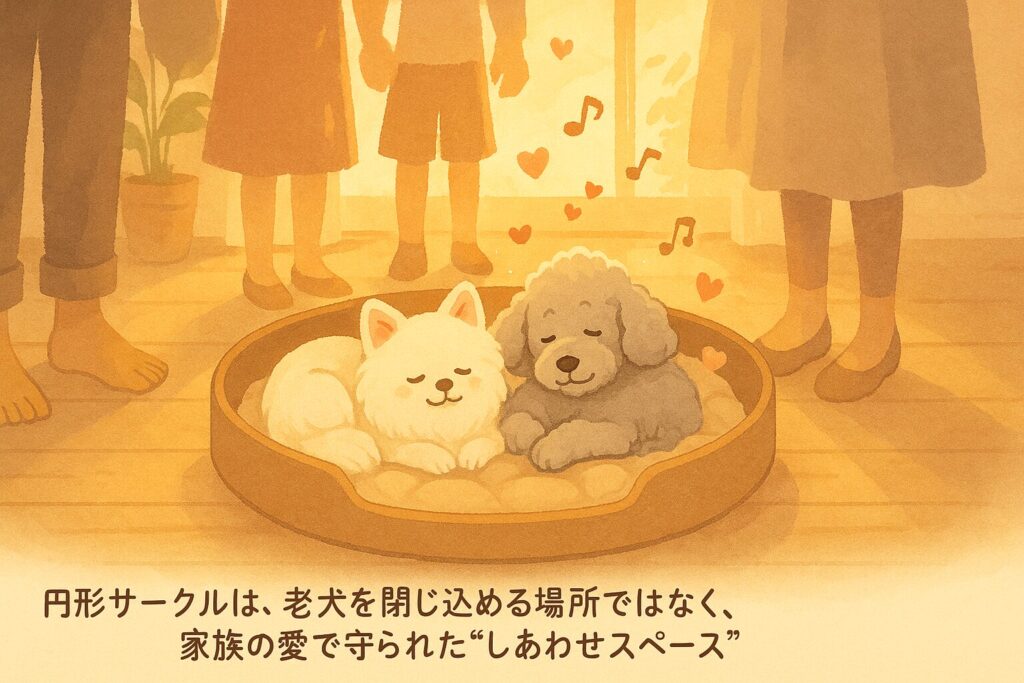 「リビングの円形サークルの中でくつろぐシニア犬と、その周りに家族の気配が描かれたあたたかい雰囲気のイラスト」