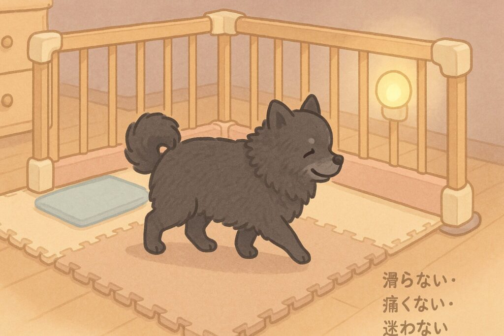 滑り止めマットやコーナー保護、常夜灯が設置された安全なサークルで黒ポメラニアンの老犬が安心して歩く様子