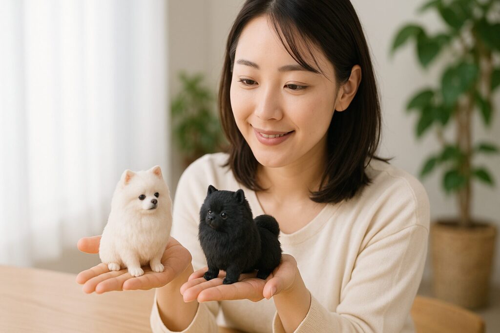 リアル系ポメラニアンフィギュアを手に取って選ぶ日本人女性