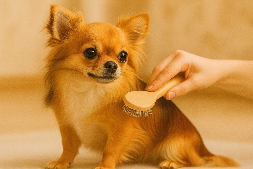 飼い主がチワワを木製ブラシでやさしくブラッシングしている写真。被毛のツヤと穏やかな表情が印象的。