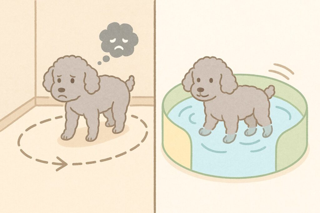 老犬が部屋で不安そうに徘徊する姿と、ビニールプールの中で安心して歩く姿を並べたイラスト