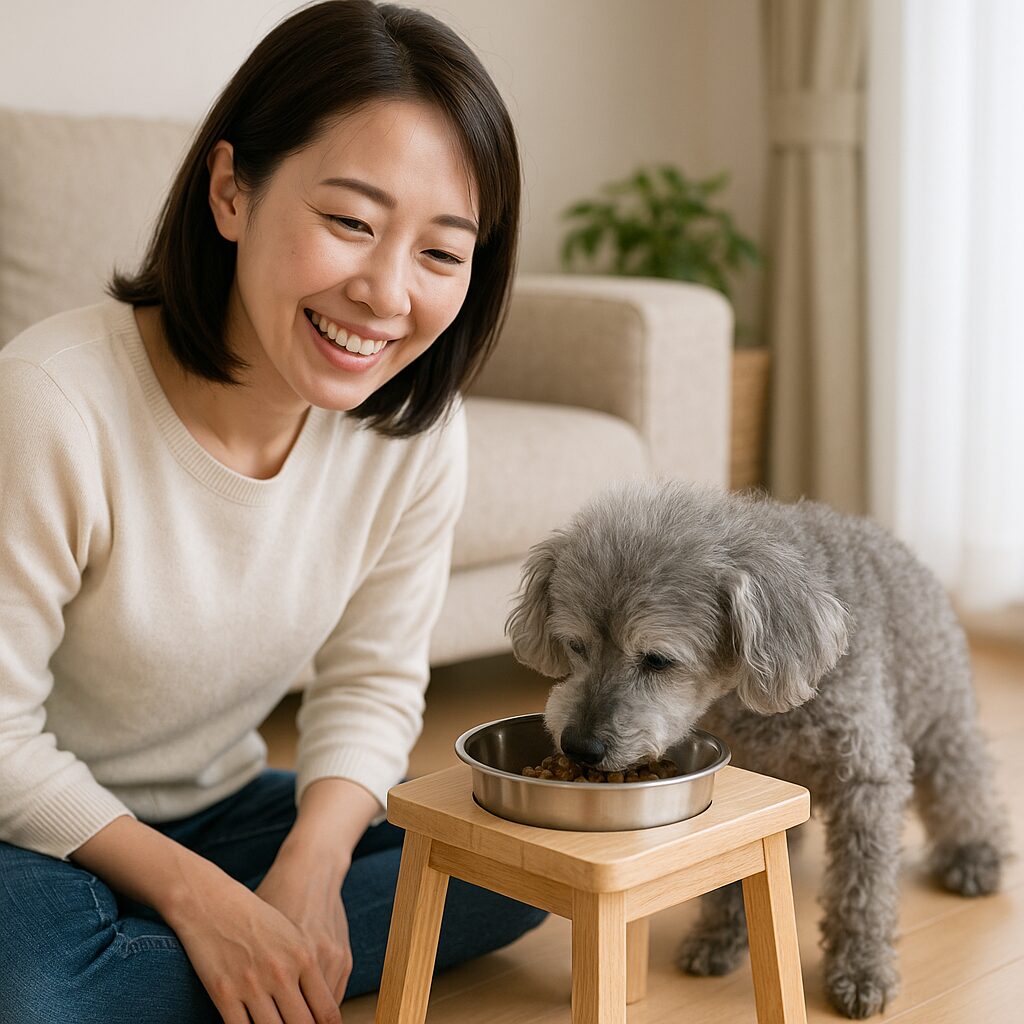 高さの合う食器で、シルバートイプードルの老犬に優しくごはんをあげる日本人女性の写真