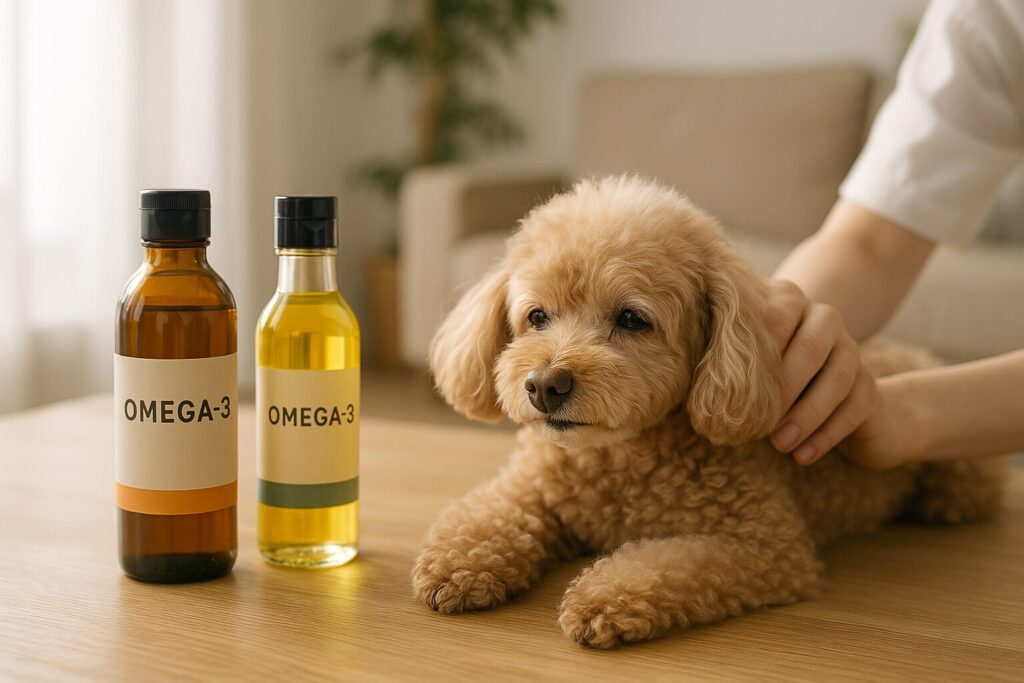 アプリコットプードルが伏せてくつろぎ、横にサーモンオイルとえごま油風のオイルボトルが並ぶ実写風写真