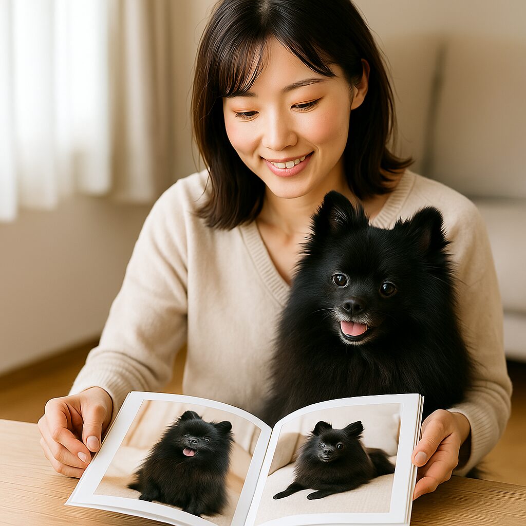 黒ポメラニアンと日本人女性が完成本を見開きで眺める穏やかな室内