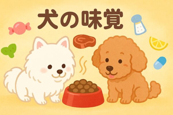 犬の味覚をテーマにした白ポメラニアンとアプリコットプードルがフードの香りを嗅いでいる可愛いイラスト