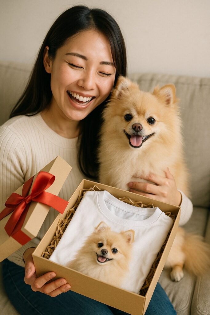ポメラニアンTシャツが入ったギフトボックスを手に、白ポメラニアンと一緒に喜ぶ日本人女性の写真。