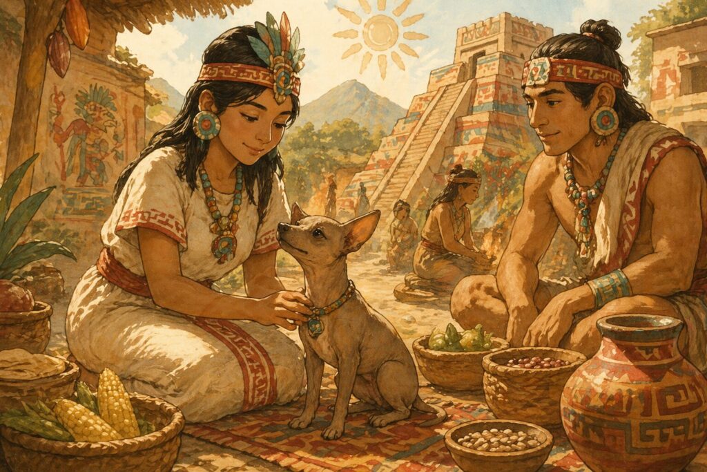 古代メキシコで人と暮らすテチチのイラスト チワワの祖先を表現