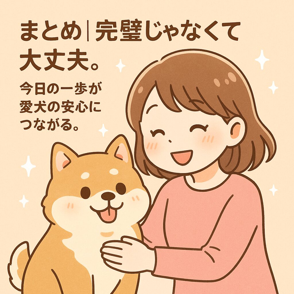 笑顔の女性と可愛い犬が寄り添い、「完璧じゃなくて大丈夫。今日の一歩が愛犬の安心につながる。」というメッセージが添えられた優しいイラスト