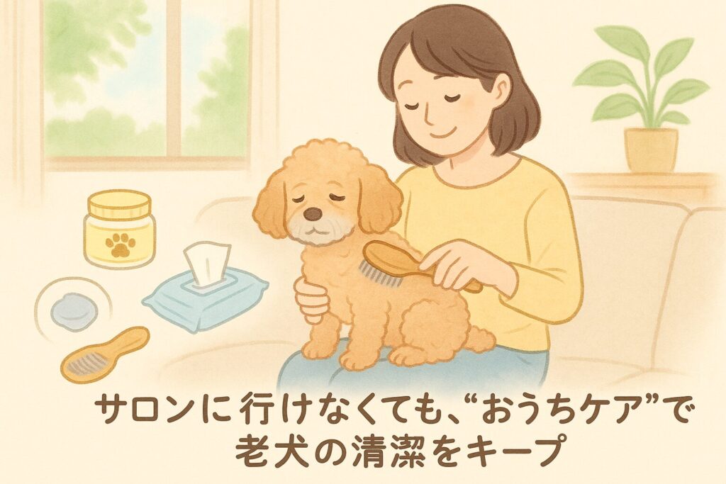 リビングでアプリコットプードルの老犬をブラッシングする女性と、周囲に並ぶケア用品アイコンのイラスト。