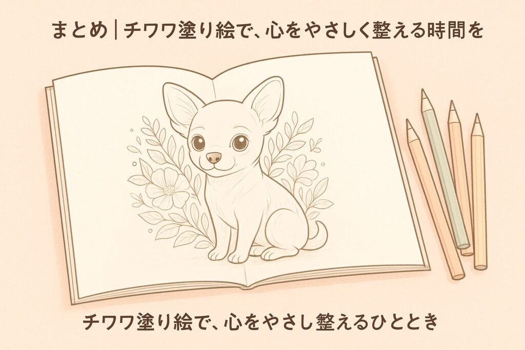 塗り絵ブックのページに描かれたチワワと、柔らかい色鉛筆が並ぶ癒し系イラスト