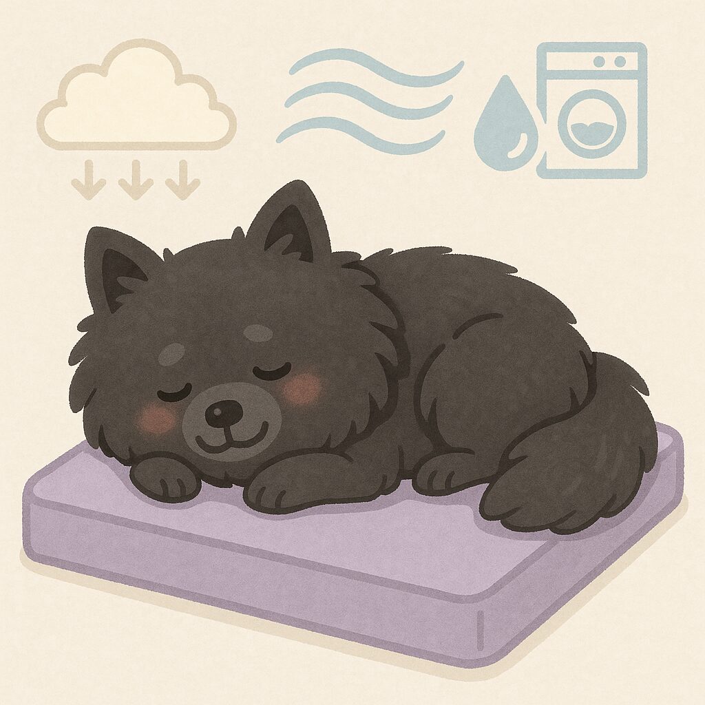 床ずれ防止マットの上で安心して眠る黒ポメラニアン老犬のイラスト