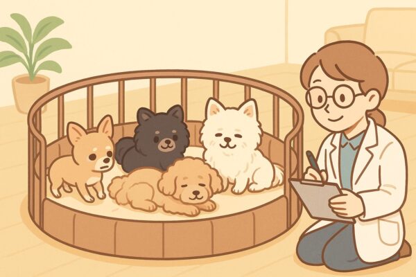 「円形サークルでくつろぐシニア犬たちと、見守る研究員風キャラクターのイラスト」