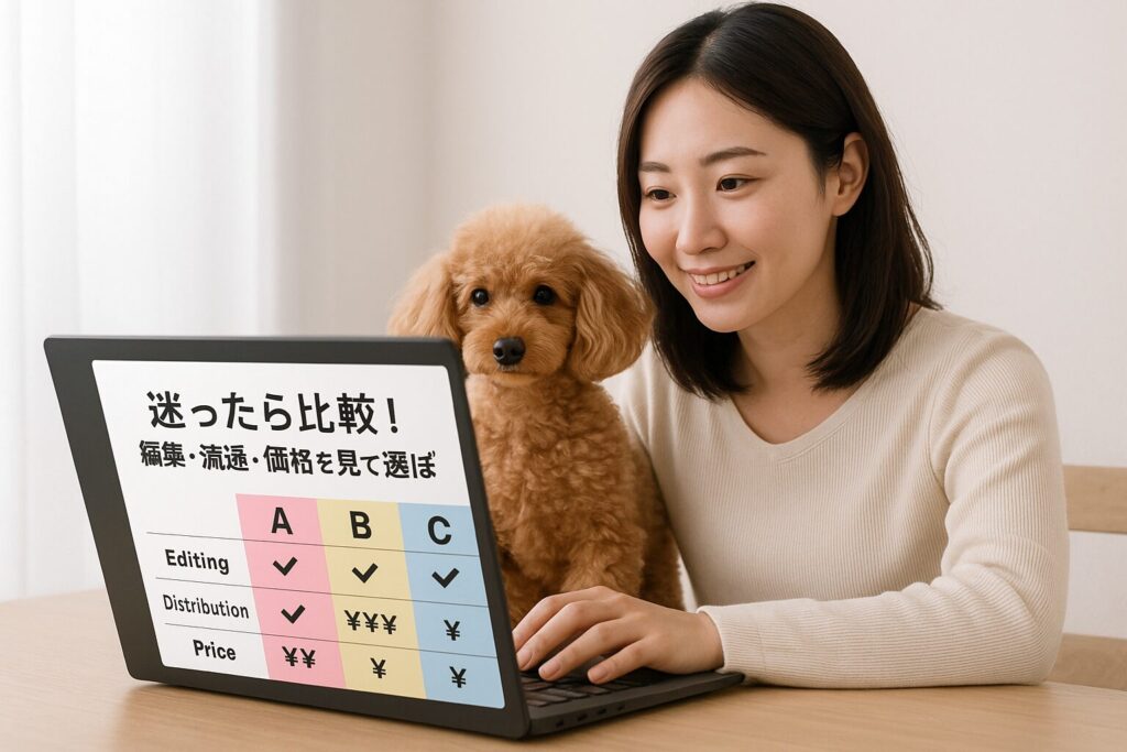 アプリコットプードルと日本人女性がノートPCでサービス比較をしている室内シーン