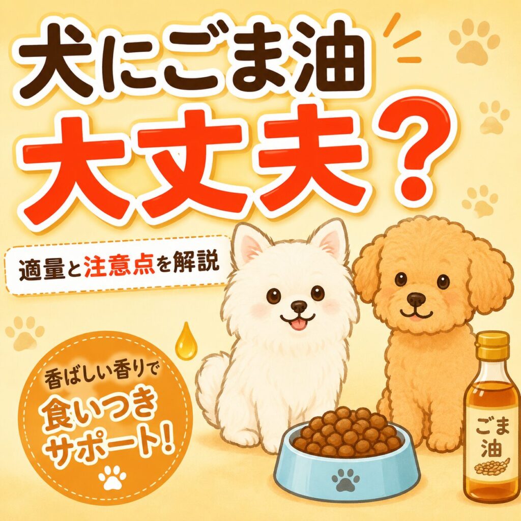 犬にごま油は大丈夫?適量や注意点を解説するアイキャッチ画像。白い犬とトイプードルがドッグフードとごま油のボトルの前に座っている。