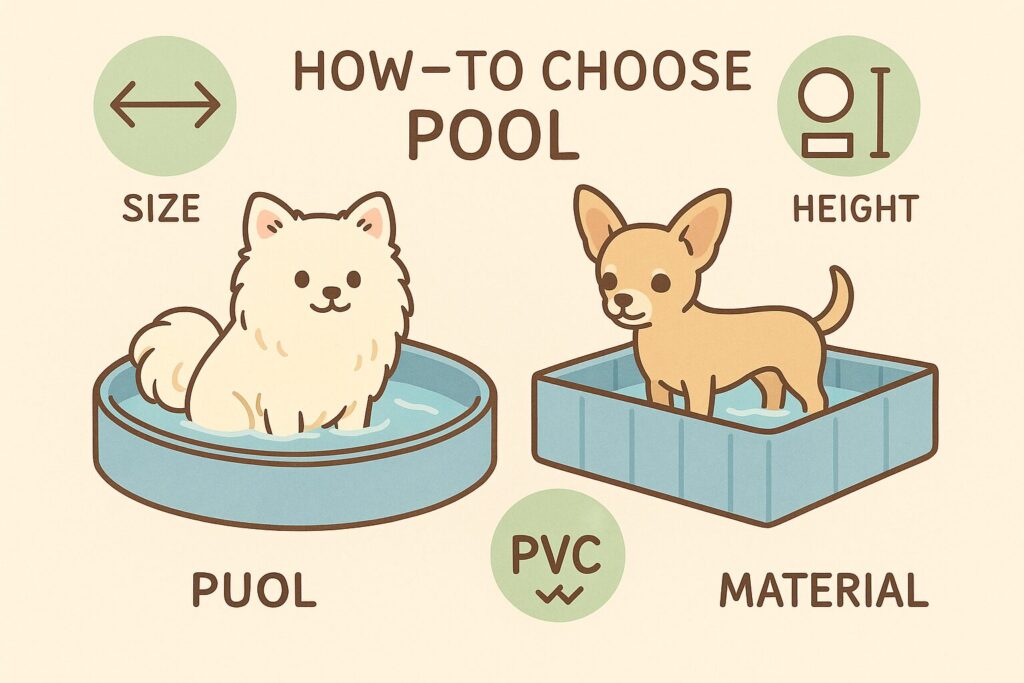 円形と角型のプールを中心に、サイズや高さなど選び方のポイントを示したインフォグラフィック風イラスト