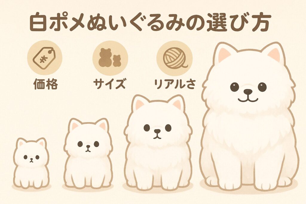 サイズ違いの白ポメぬいぐるみと価格・サイズ・リアルさのアイコンを並べた選び方イラスト。