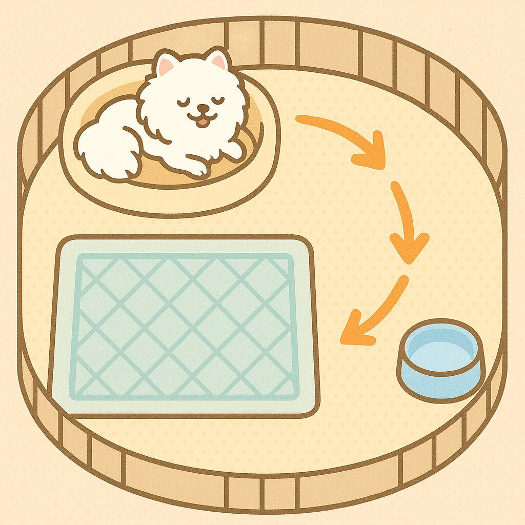 老犬がうんちを踏まないように、ベッド・トイレ・通路をシンプルに配置した安全なサークル動線のイラスト