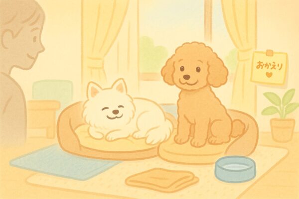 昼間の室内でシニア犬が安心して過ごしている様子を描いたやさしいイラスト
