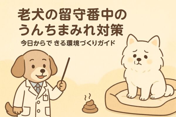 老犬のうんちまみれ対策を案内するキャラクター・シエロと白ポメラニアンのイラスト
