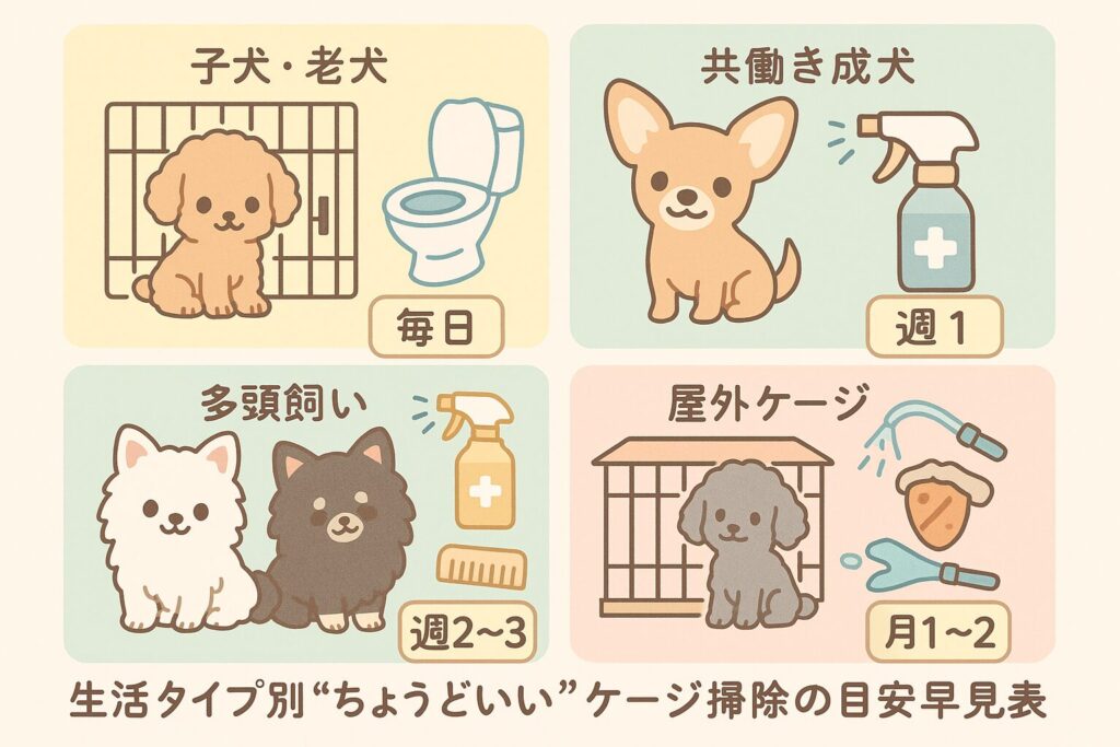 「犬のケージ掃除の頻度を4タイプに分けた可愛いインフォグラフィック」