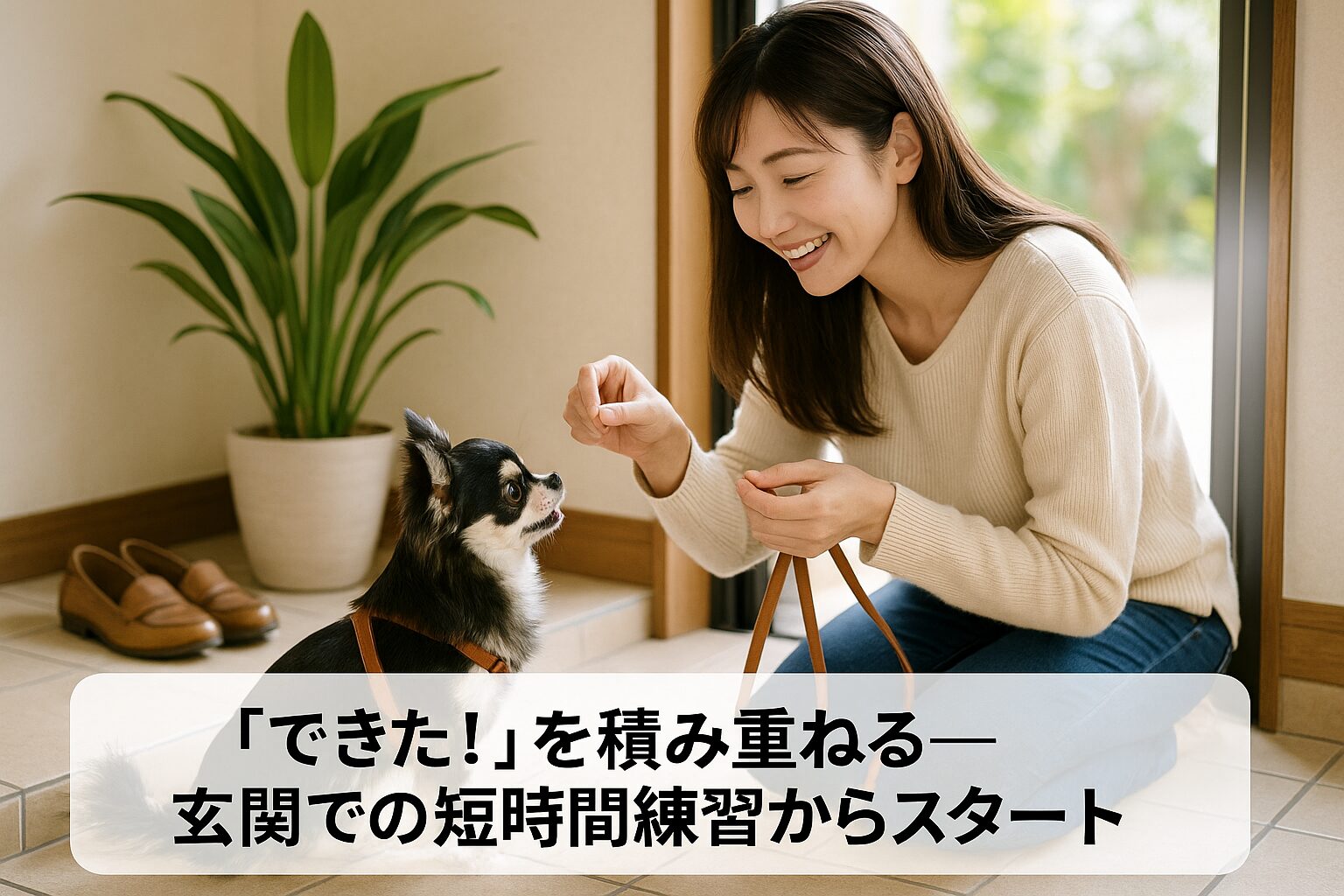日本人女性がチワワにごほうびで散歩練習をする写真