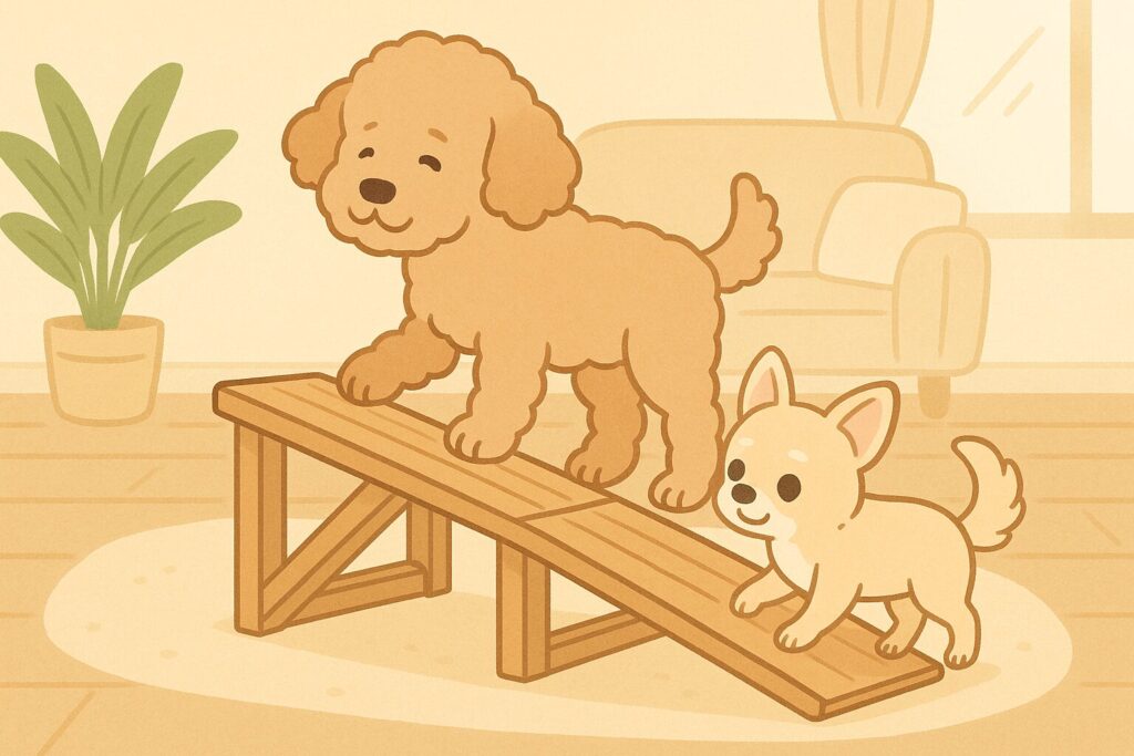 　チワワとプードルの老犬が木製スロープを上る様子を描いたやさしい色合いのイラスト。